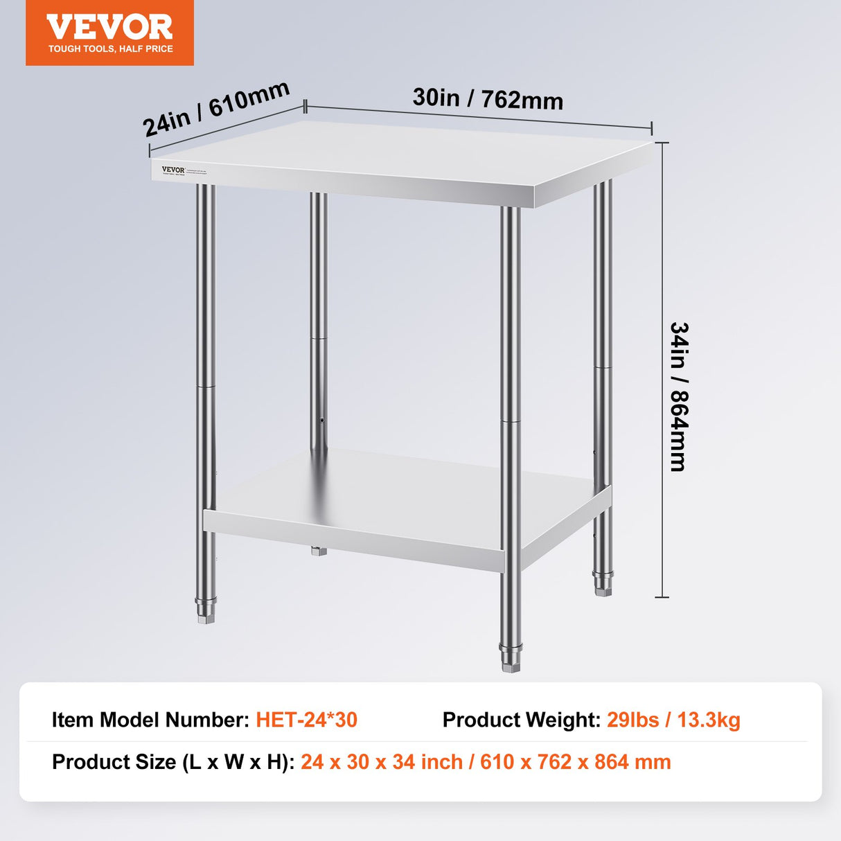 VEVOR Stainless Steel Prep Table, 24 x 30 x 34 Inch, Heavy Duty Metal Worktable with 3 Adjustable Height Levels, Commercial Workstation for Kitchen