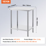 VEVOR Stainless Steel Prep Table, 24 x 30 x 34 Inch, Heavy Duty Metal Worktable with 3 Adjustable Height Levels, Commercial Workstation for Kitchen