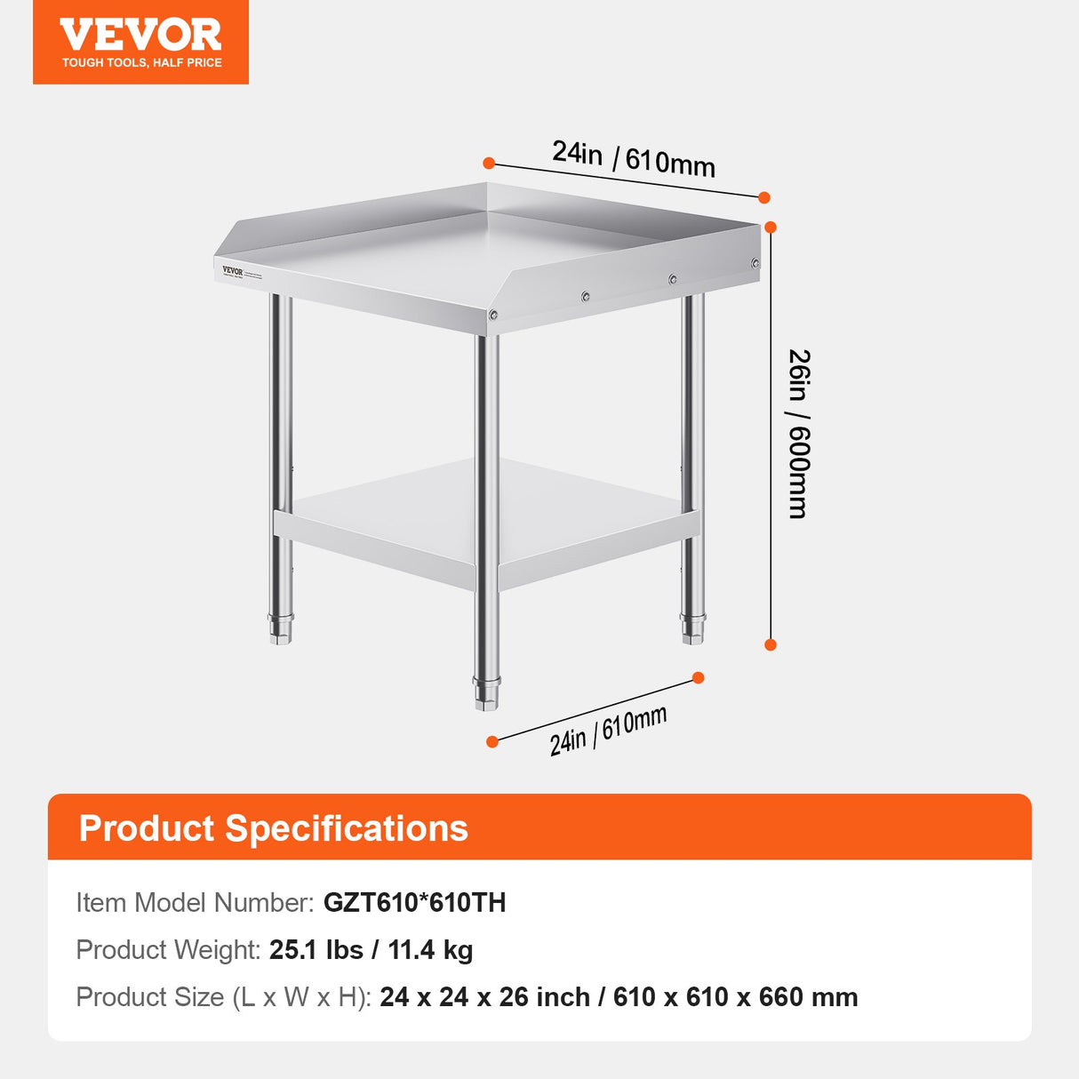 VEVOR Stainless Steel Work Table, 24 x 24 x 26 Inch Commercial Food Prep Worktable, 3-Sided Backspla