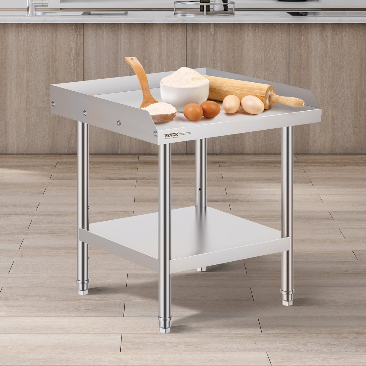 VEVOR Stainless Steel Work Table, 24 x 24 x 26 Inch Commercial Food Prep Worktable, 3-Sided Backspla