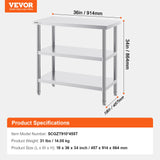 VEVOR Stainless Steel Food Prep Table, 18 x 36 x 34 Inch Commercial Kitchen Worktable, with 2 Adjustable Undershelf, Heavy Duty Prep Table Metal Work Table for BBQ, Kitchen, Home, and Garage - Close-Up Angle