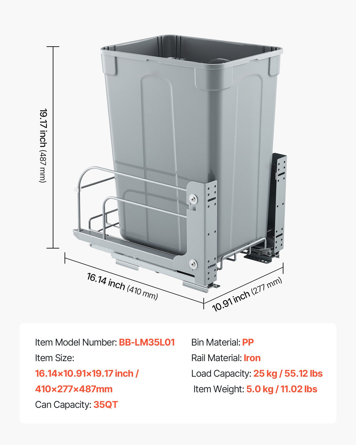VEVOR Pullout Trash Can for Kitchen Cabinets, Garbage Waste Recycling Bin, Under Mount Waste Container, with Heavy Duty Metal Soft Close Sliding System and Door Kit, for Sink, Under Counter