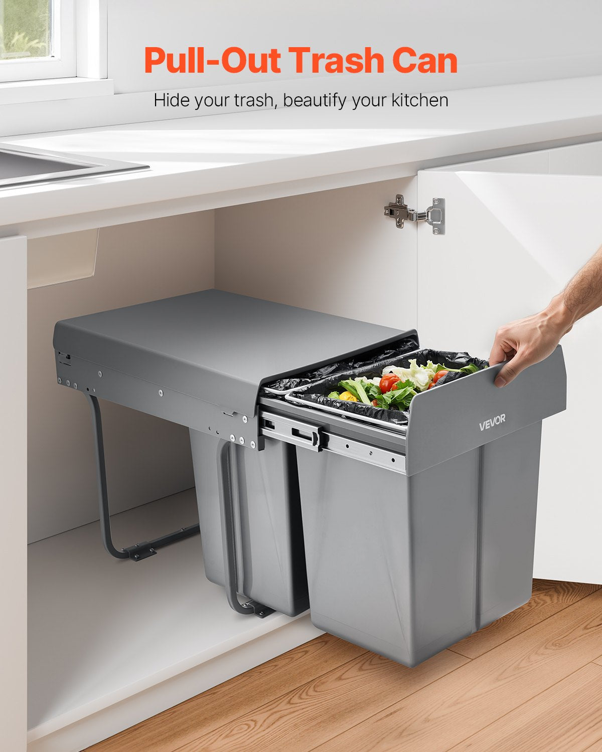 Pullout Trash Can for Kitchen Cabinets, 20+10+10L Double Under Sink Garbage Waste Recycling Bin, Under Mount Waste Container, with Heavy Duty Metal Full Extension Sliding System and Handle