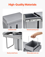 VEVOR Pullout Trash Can for Kitchen Cabinets, 20+10+10L Double Under Sink Garbage Waste Recycling Bin, Under Mount Waste Container, with Heavy Duty Metal Full Extension Sliding System and Handle - 45-Degree Angle