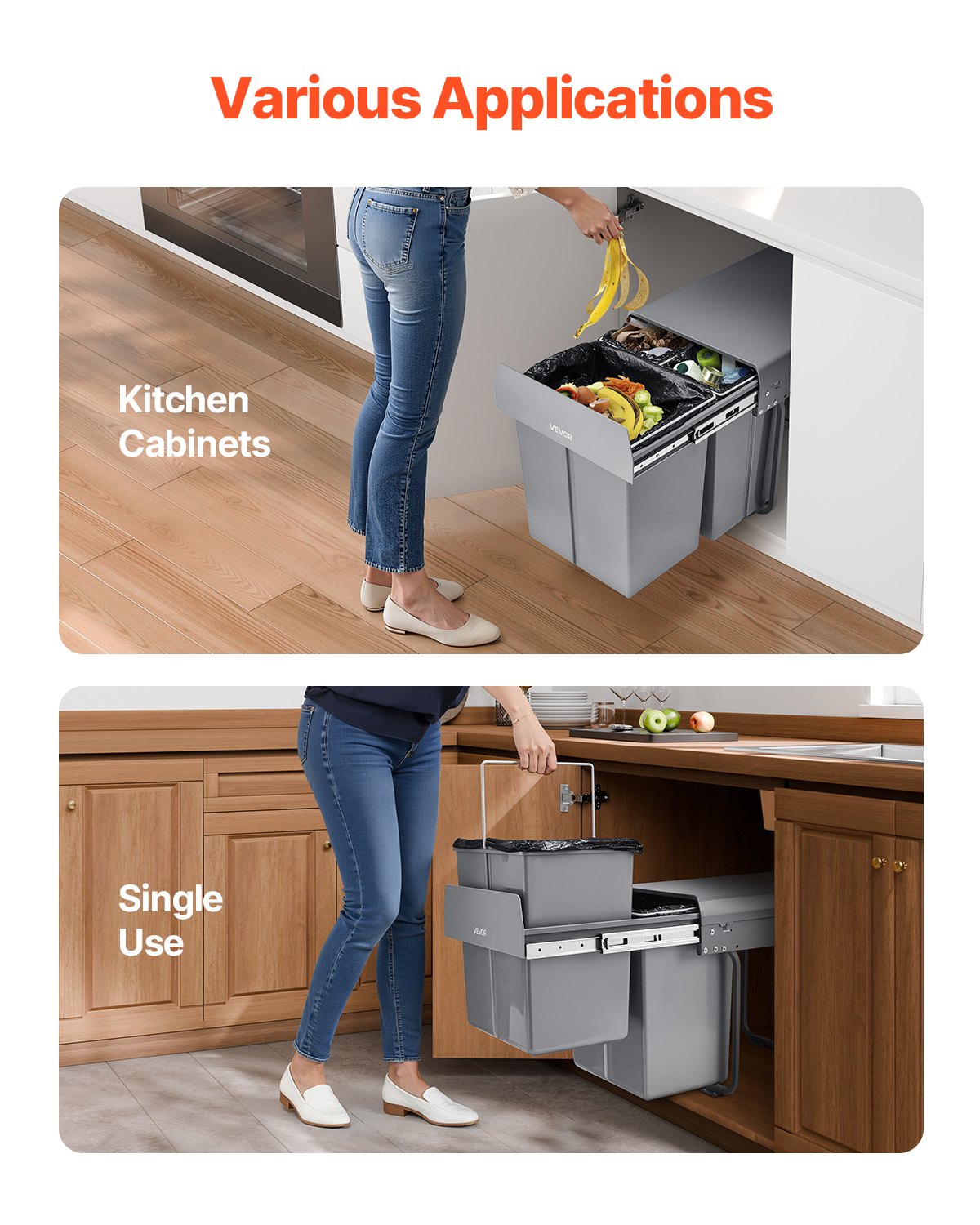 VEVOR Pullout Trash Can for Kitchen Cabinets, 20+10+10L Double Under Sink Garbage Waste Recycling Bin, Under Mount Waste Container, with Heavy Duty Metal Full Extension Sliding System and Handle