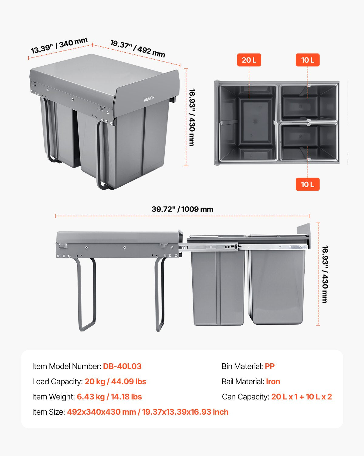 VEVOR Pullout Trash Can for Kitchen Cabinets, 20+10+10L Double Under Sink Garbage Waste Recycling Bin, Under Mount Waste Container, with Heavy Duty Metal Full Extension Sliding System and Handle