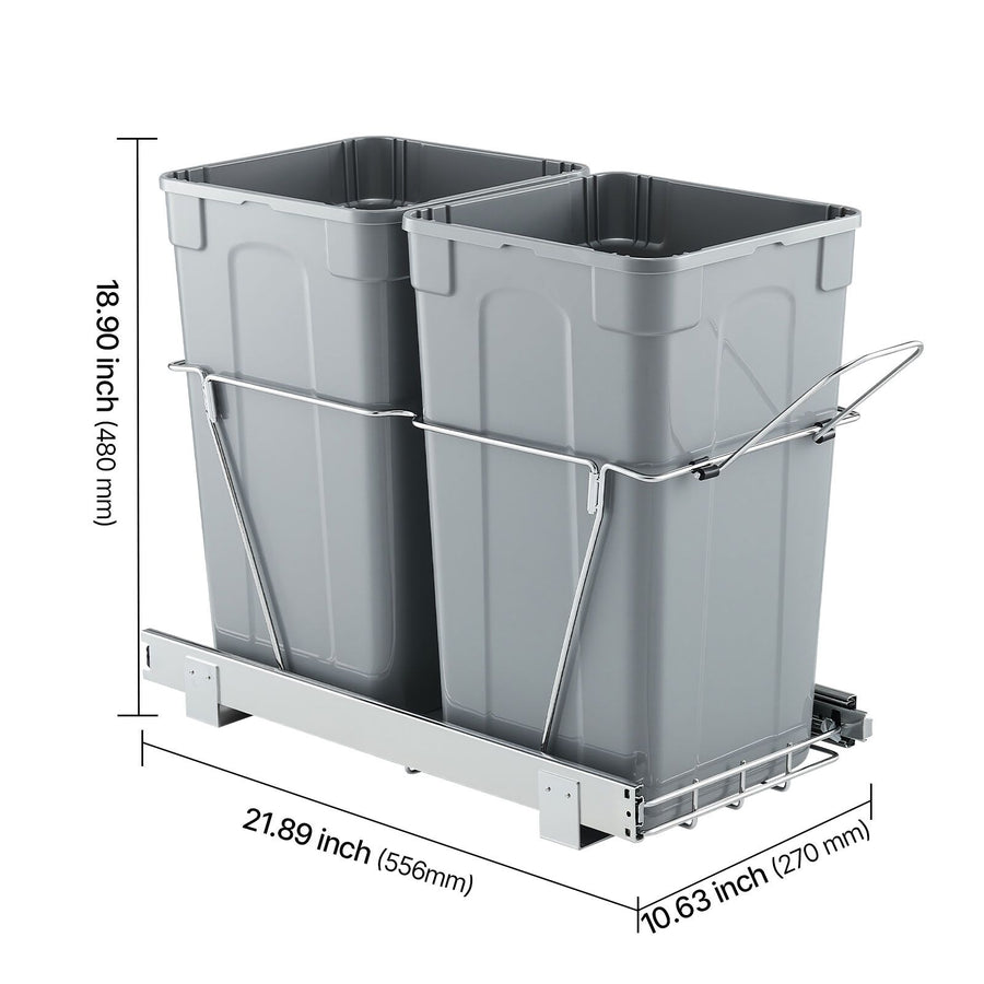 Pullout Trash Can for Kitchen Cabinets,Double Under Sink Garbage Waste Recycling Bin, Under Mount Waste Container, with Heavy Duty Metal Full Extension Sliding System and Handle