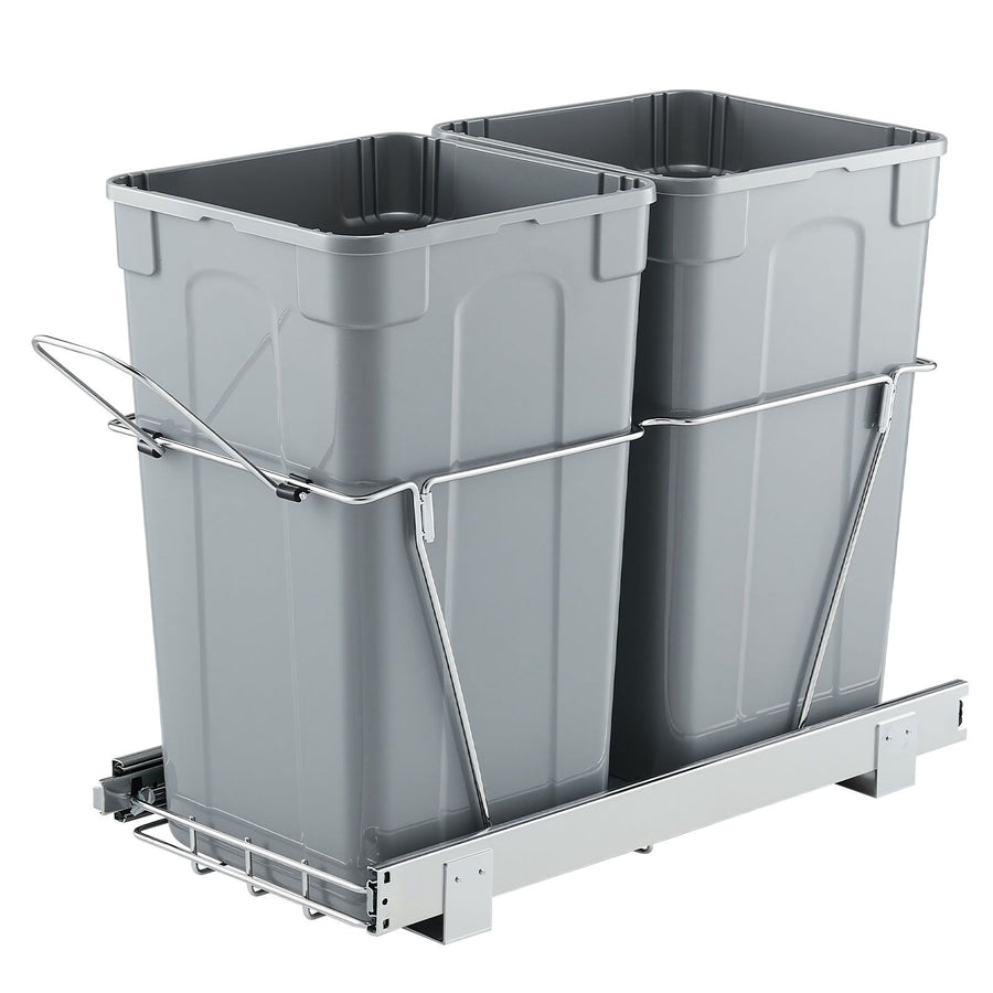 Pullout Trash Can for Kitchen Cabinets,Double Under Sink Garbage Waste Recycling Bin, Under Mount Waste Container, with Heavy Duty Metal Full Extension Sliding System and Handle