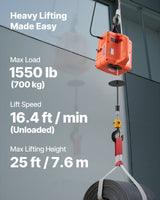 VEVOR 3-in-1 Electric Hoist Winch, 700 kg Capacity, 1500W Portable Power Winch Crane, 7.6 m Lifting Height, 5 m/min with Manual, Wired and Wireless Remote Control for Factory, Warehouss, Garage - Front View