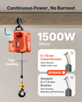 VEVOR 3-in-1 Electric Hoist Winch, 700 kg Capacity, 1500W Portable Power Winch Crane, 7.6 m Lifting Height, 5 m/min with Manual, Wired and Wireless Remote Control for Factory, Warehouss, Garage - 45-Degree Angle