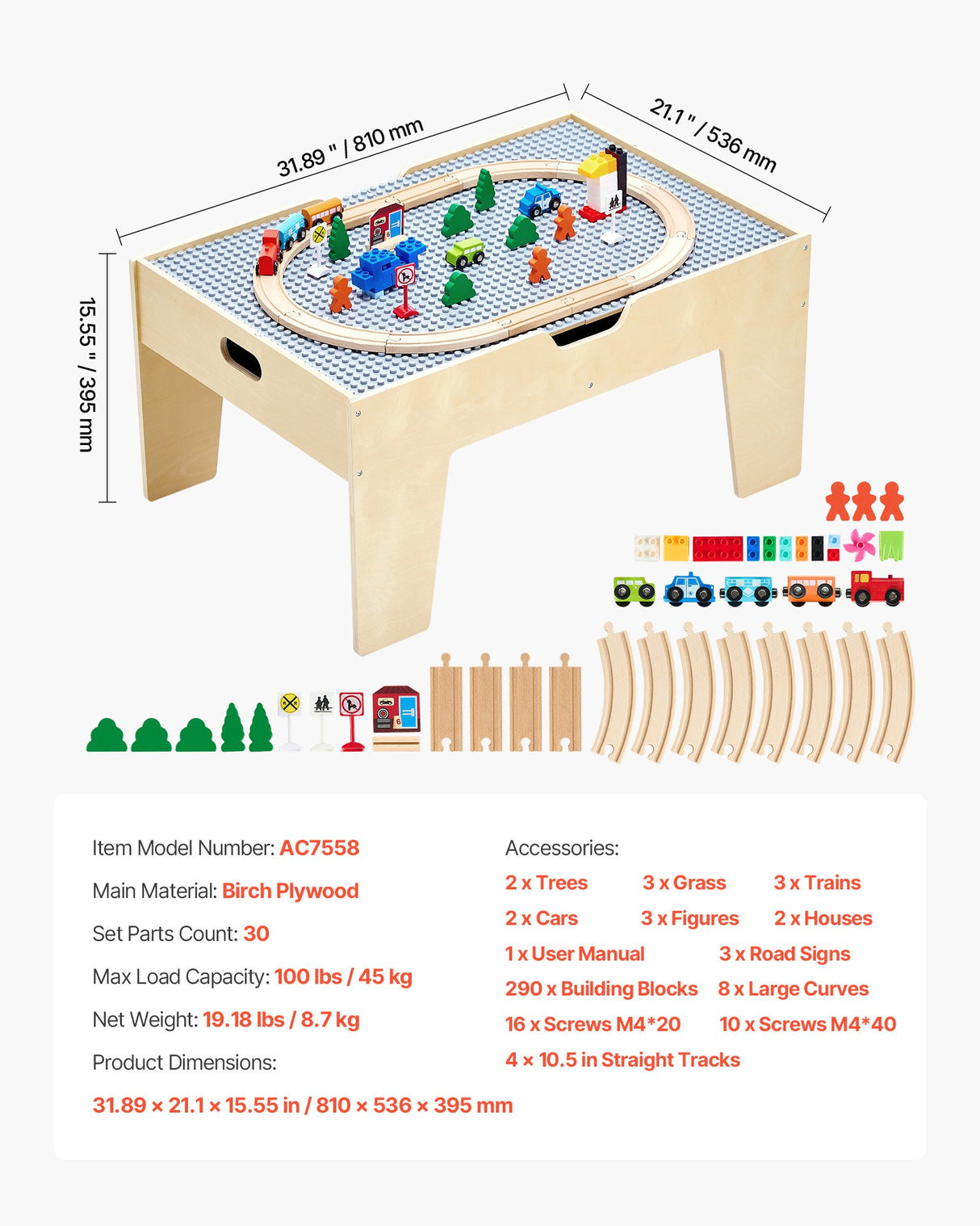 VEVOR Multi-Purpose Activity Play Table 290 Building Bricks & 30 PCS Accessories