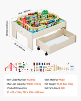 VEVOR Train Table 100 PCS Wooden Kids Activity Table with Rolling Storage Drawer - Rear View