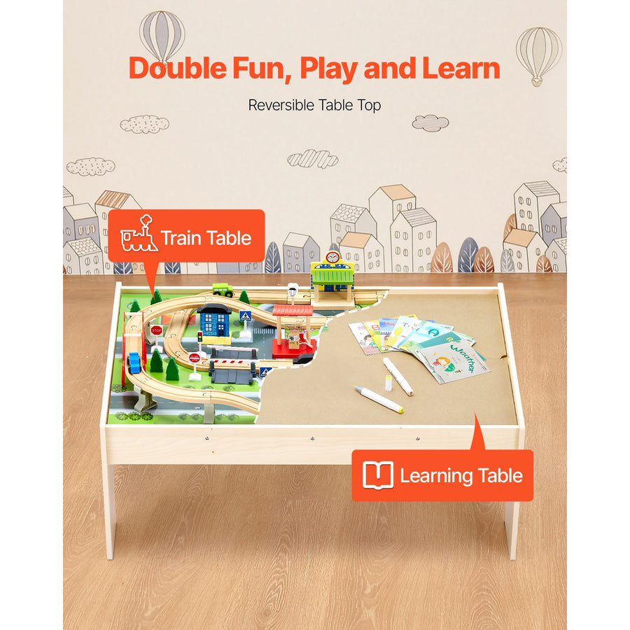 Train Table, 84 Multicolor Pieces Wooden Kids Activity Table with Collapsible Storage Bin, 3-in-1 Wooden Train Set for Gaming, Drawing, Reading, Eating, Creative Toy Set for Kids Ages 3+