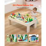 Train Table, 84 Multicolor Pieces Wooden Kids Activity Table with Collapsible Storage Bin, 3-in-1 Wooden Train Set for Gaming, Drawing, Reading, Eating, Creative Toy Set for Kids Ages 3+