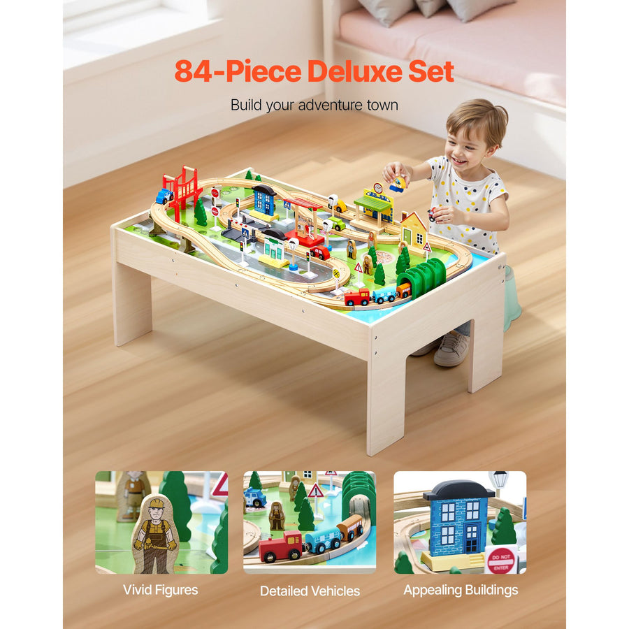 Train Table, 84 Multicolor Pieces Wooden Kids Activity Table with Collapsible Storage Bin, 3-in-1 Wooden Train Set for Gaming, Drawing, Reading, Eating, Creative Toy Set for Kids Ages 3+