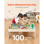 Train Table, 84 Multicolor Pieces Wooden Kids Activity Table with Collapsible Storage Bin, 3-in-1 Wooden Train Set for Gaming, Drawing, Reading, Eating, Creative Toy Set for Kids Ages 3+
