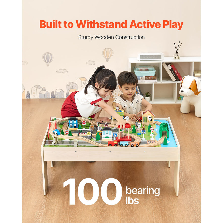 Train Table, 84 Multicolor Pieces Wooden Kids Activity Table with Collapsible Storage Bin, 3-in-1 Wooden Train Set for Gaming, Drawing, Reading, Eating, Creative Toy Set for Kids Ages 3+