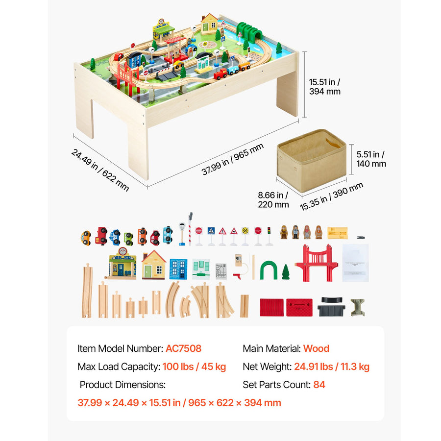 Train Table, 84 Multicolor Pieces Wooden Kids Activity Table with Collapsible Storage Bin, 3-in-1 Wooden Train Set for Gaming, Drawing, Reading, Eating, Creative Toy Set for Kids Ages 3+