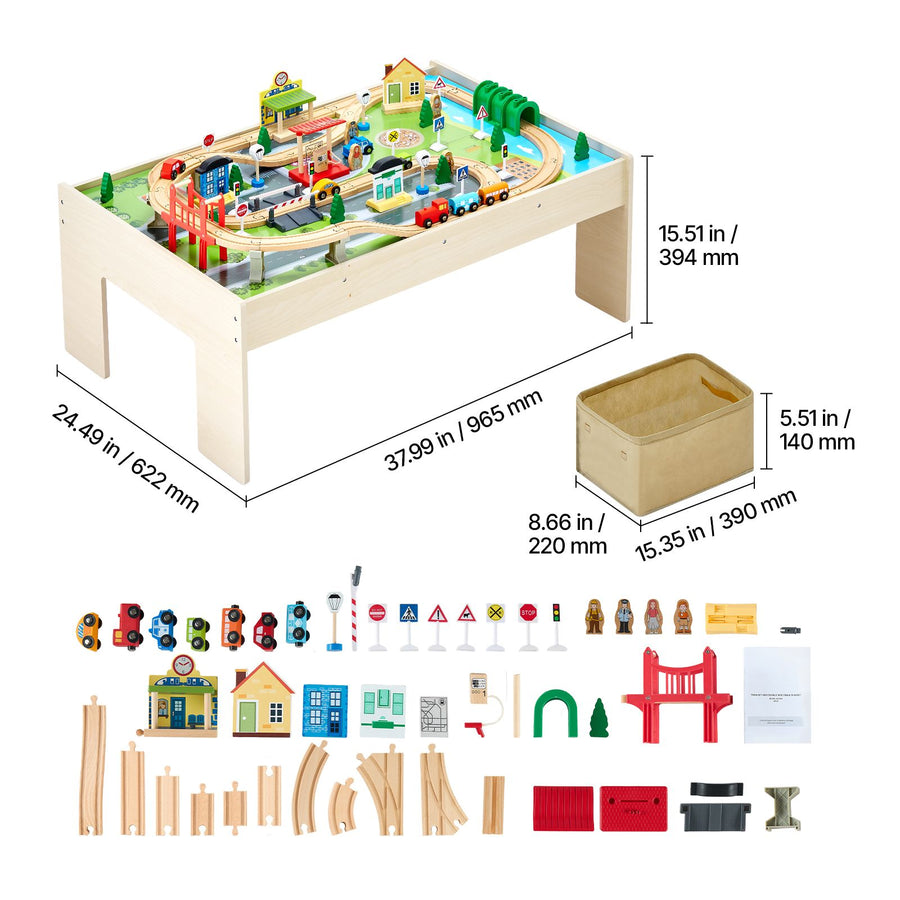 Train Table, 84 Multicolor Pieces Wooden Kids Activity Table with Collapsible Storage Bin, 3-in-1 Wooden Train Set for Gaming, Drawing, Reading, Eating, Creative Toy Set for Kids Ages 3+