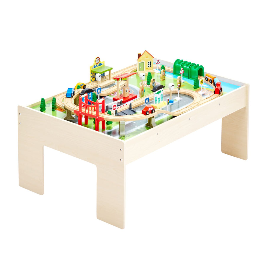 Train Table, 84 Multicolor Pieces Wooden Kids Activity Table with Collapsible Storage Bin, 3-in-1 Wooden Train Set for Gaming, Drawing, Reading, Eating, Creative Toy Set for Kids Ages 3+
