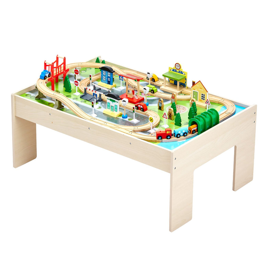 Train Table, 84 Multicolor Pieces Wooden Kids Activity Table with Collapsible Storage Bin, 3-in-1 Wooden Train Set for Gaming, Drawing, Reading, Eating, Creative Toy Set for Kids Ages 3+