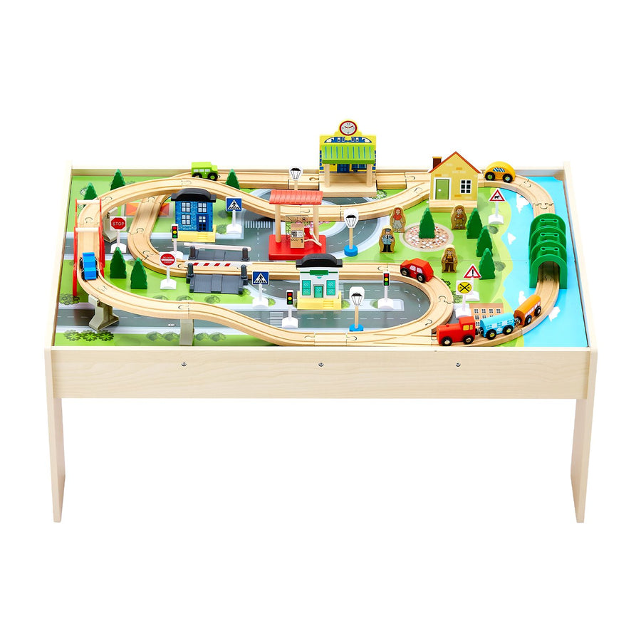 Train Table, 84 Multicolor Pieces Wooden Kids Activity Table with Collapsible Storage Bin, 3-in-1 Wooden Train Set for Gaming, Drawing, Reading, Eating, Creative Toy Set for Kids Ages 3+