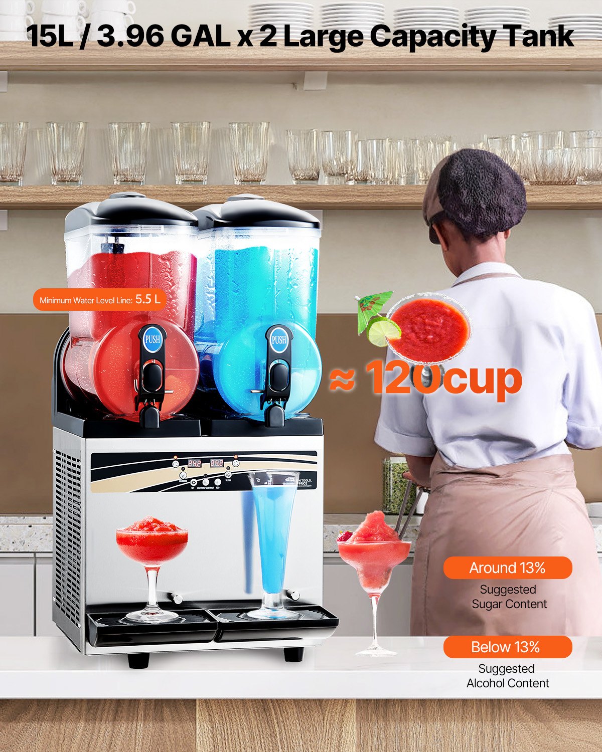 Commercial Frozen Drink Maker, 15Lx2 Double Tank Slushy Machine, 120 Cups Stainless Steel Margarita Smoothie Frozen Drink Machine, Slushie Maker for Home Party Restaurants Cafe Bars