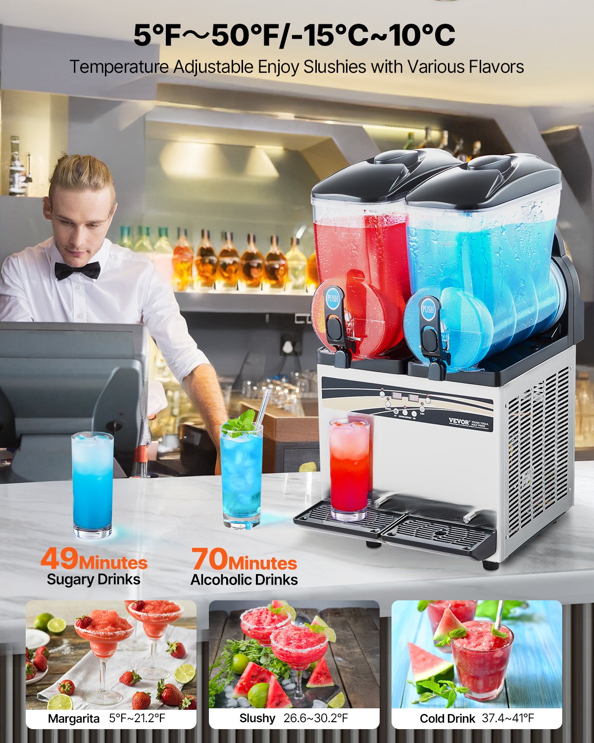 Commercial Frozen Drink Maker, 15Lx2 Double Tank Slushy Machine, 120 Cups Stainless Steel Margarita Smoothie Frozen Drink Machine, Slushie Maker for Home Party Restaurants Cafe Bars