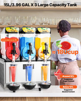 VEVOR Commercial Frozen Drink Maker, 15Lx3 Triple Tank Slushy Machine, 180 Cups Stainless Steel Margarita Smoothie Frozen Drink Machine, Slushie Maker for Home Party Restaurants Cafe Bars - Front View