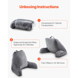 Reading Pillow, Large Size Bed Pillow with Shredded Memory Foam, Back Pillow with 3 Pockets and Washable Short Velvet Cloth, Top with Handle, for Watching TV, Reading, Gaming, Resting, Grey - Front View
