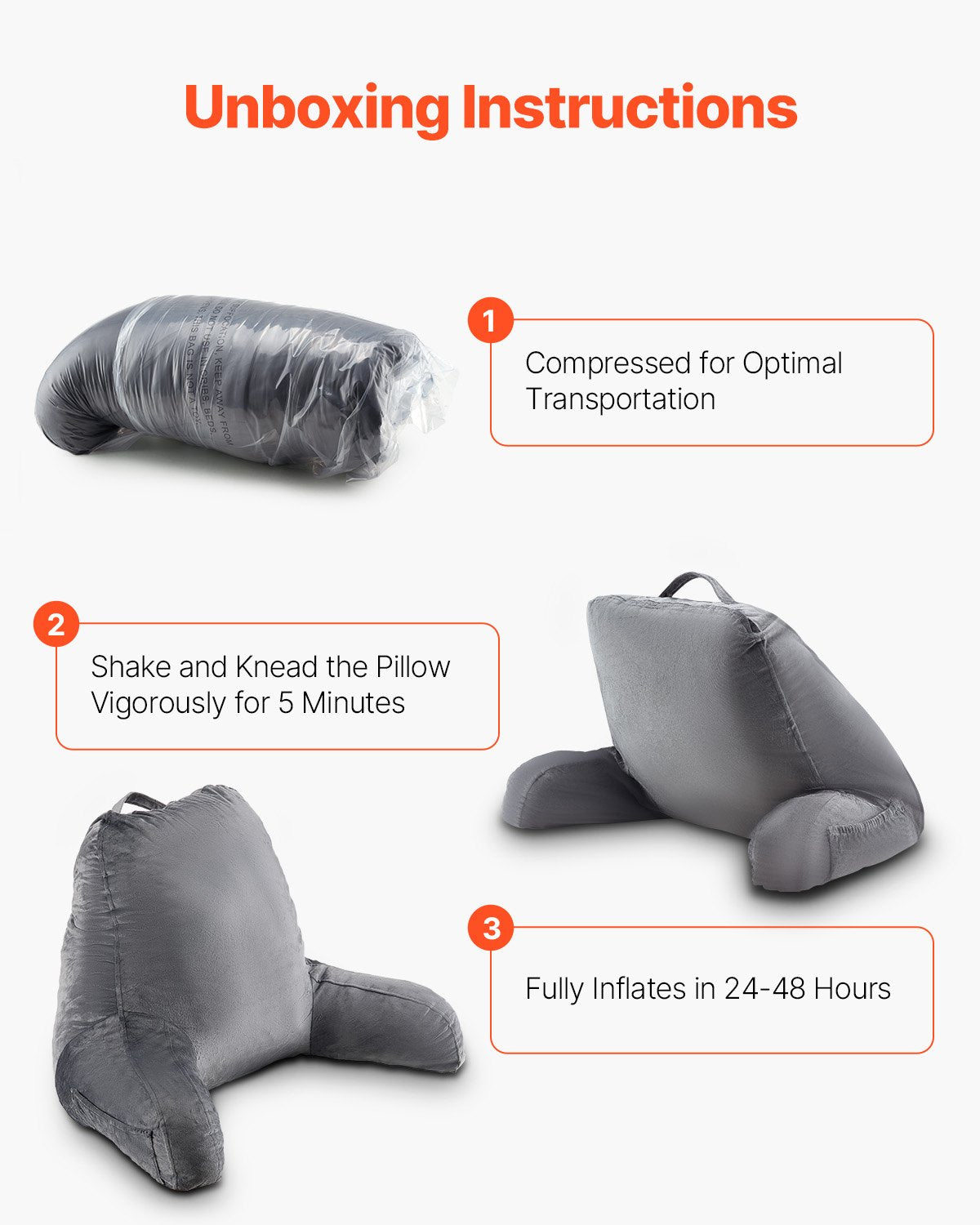 Reading Pillow, Large Size Bed Pillow with Shredded Memory Foam, Back Pillow with 3 Pockets and Washable Short Velvet Cloth, Top with Handle, for Watching TV, Reading, Gaming, Resting, Grey