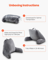 Reading Pillow, Large Size Bed Pillow with Shredded Memory Foam, Back Pillow with 3 Pockets and Washable Short Velvet Cloth, Top with Handle, for Watching TV, Reading, Gaming, Resting, Grey
