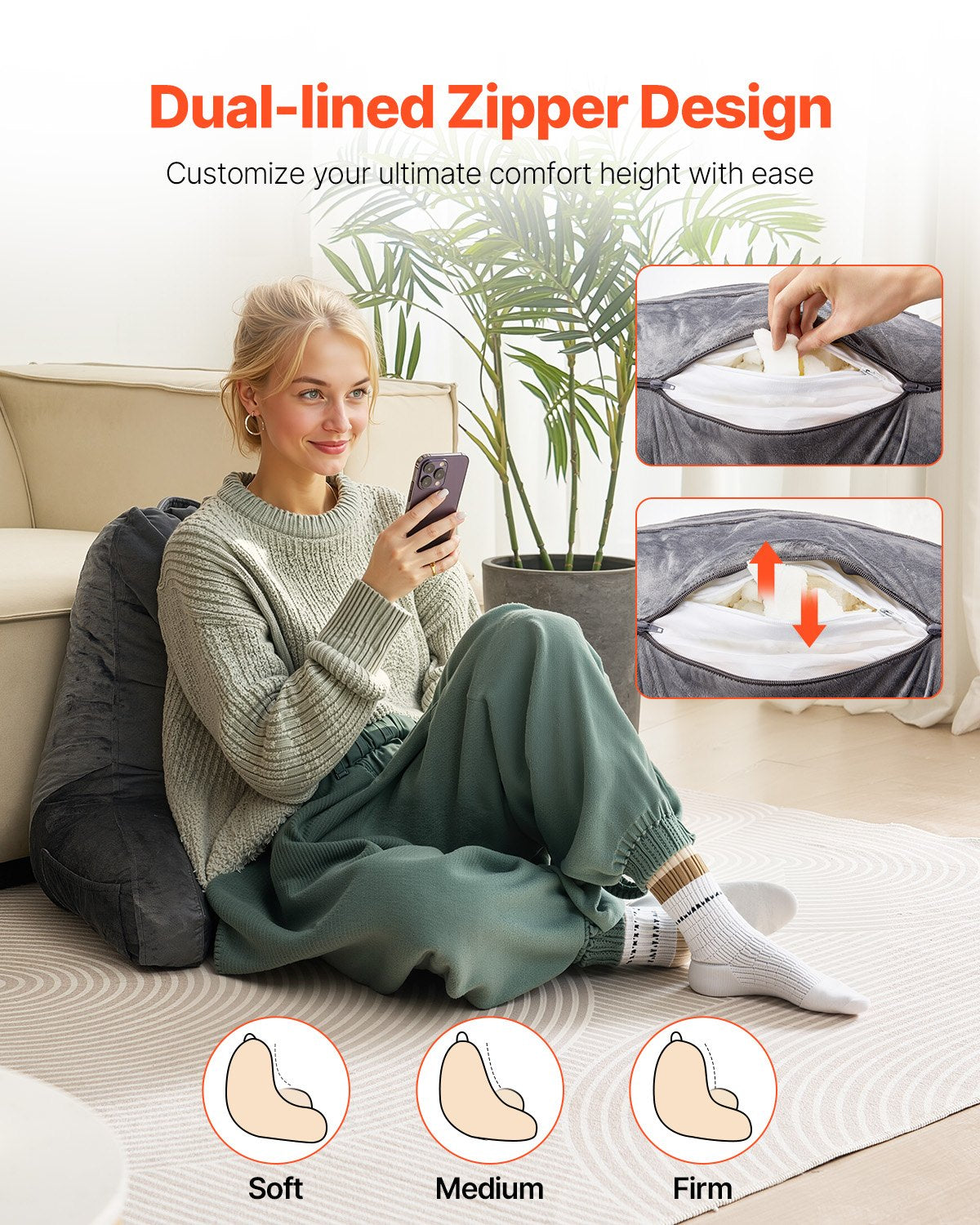 VEVOR Reading Pillow, Large Size Bed Pillow with Shredded Memory Foam, Back Pillow with 3 Pockets and Washable Short Velvet Cloth, Top with Handle, for Watching TV, Reading, Gaming, Resting, Grey