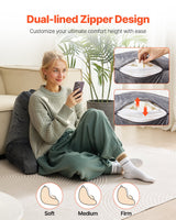 VEVOR Reading Pillow, Large Size Bed Pillow with Shredded Memory Foam, Back Pillow with 3 Pockets and Washable Short Velvet Cloth, Top with Handle, for Watching TV, Reading, Gaming, Resting, Grey - Side View