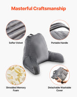 VEVOR Reading Pillow, Large Size Bed Pillow with Shredded Memory Foam, Back Pillow with 3 Pockets and Washable Short Velvet Cloth, Top with Handle, for Watching TV, Reading, Gaming, Resting, Grey - Top-Down View