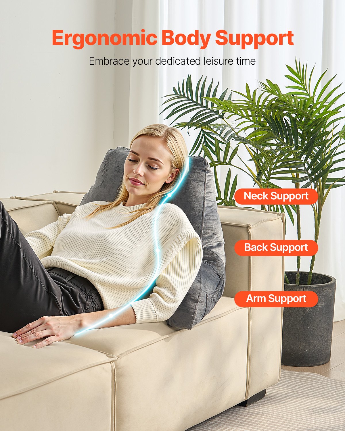Reading Pillow, Large Size Bed Pillow with Shredded Memory Foam, Back Pillow with 3 Pockets and Washable Short Velvet Cloth, Top with Handle, for Watching TV, Reading, Gaming, Resting, Grey