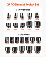 Impact Socket Set 3/4 Inches 27 Piece SAE 7/8 to 2 Inches and Metric 22 to 50 mm - Side View