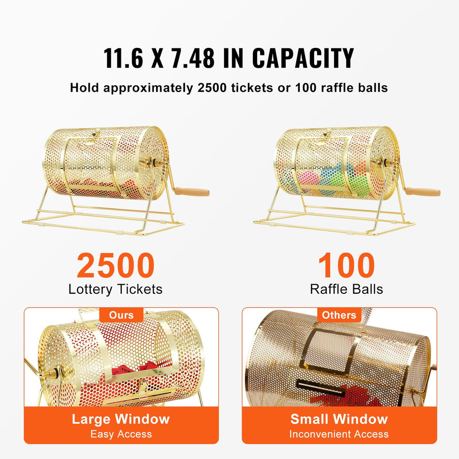 Raffle Drum, 11.6 x Ø7.48 inch Brass Plated Raffle Ticket Spinning Cage, Holds 2500 Tickets or 100 Ping Pong Balls, Metal Lottery Spinning Drawing with Wooden Turning Handle, for Bingo Ballot Pa