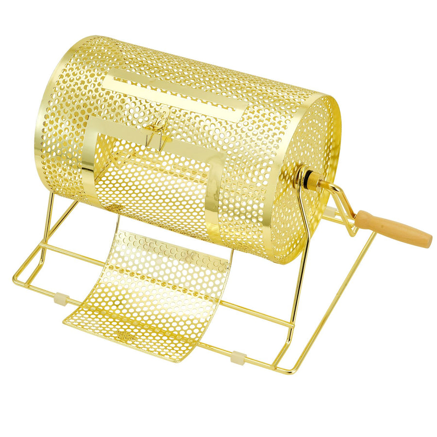 Raffle Drum, 11.6 x Ø7.48 inch Brass Plated Raffle Ticket Spinning Cage, Holds 2500 Tickets or 100 Ping Pong Balls, Metal Lottery Spinning Drawing with Wooden Turning Handle, for Bingo Ballot Pa
