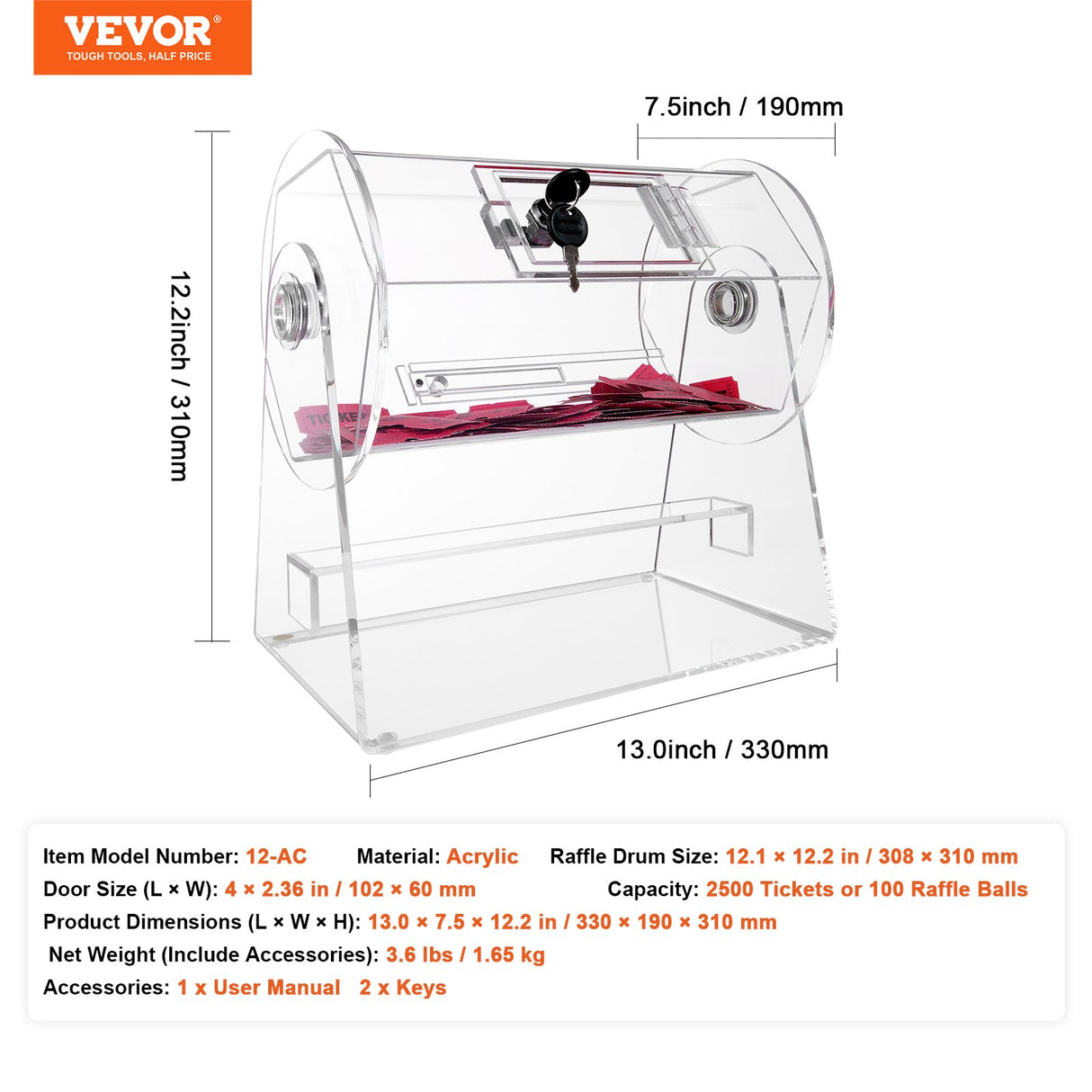 VEVOR Acrylic Raffle Drum, Holds 2500 Tickets or 100 Raffle Balls, Professional Raffle Ticket Spinning Cage with 2 Keys, Transparent Lottery Spinning Drawing, Raffle Ticket Box for Lottery Games Bingo