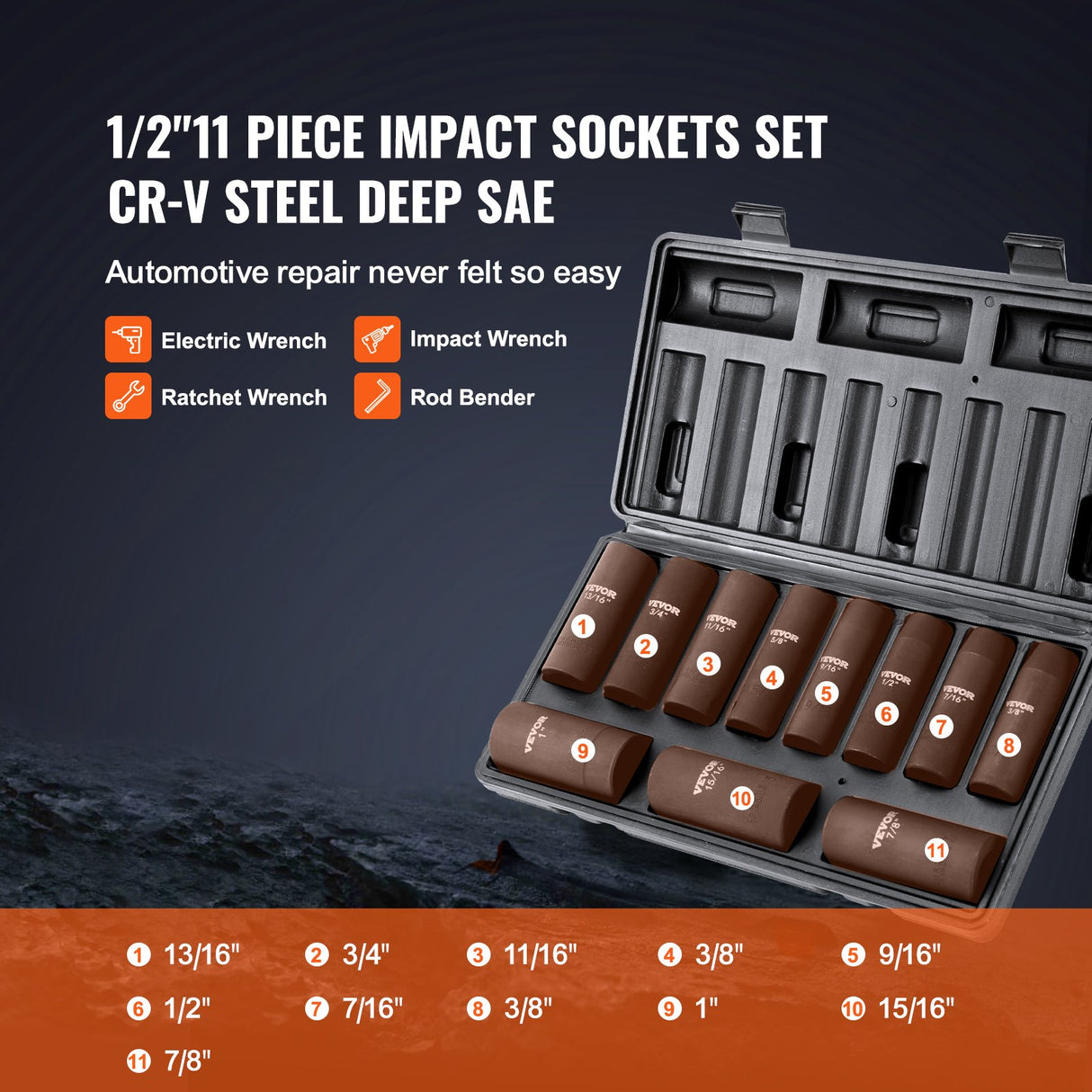 VEVOR 1/2" Drive Impact Socket Set, 11 Piece Deep Socket Set SAE 3/8"-1", 6 Point CR-V Alloy Steel for Auto Repair, Easy-to-Read Size Markings, Rugged
