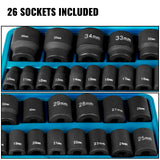 VEVOR Impact Sockets Set 1/2 Inch Drive 26PCS Standard Length Impact Set 6-Point - 45-Degree Angle