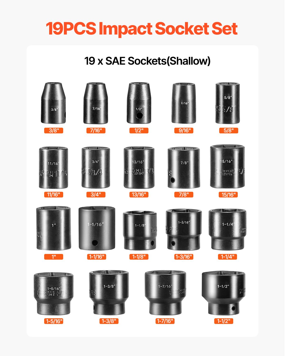 Impact Socket Set 1/2 Inches 19 Piece Impact Sockets, Standard Socket Assortment, 1/2 Inches Drive Socket Set Impact Standard SAE (3/8 Inches to 1-1/2 Inches) 6-point Hex Sockets