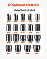 Impact Socket Set 1/2 Inches 19 Piece Impact Sockets, Standard Socket Assortment, 1/2 Inches Drive Socket Set Impact Standard SAE (3/8 Inches to 1-1/2 Inches) 6-point Hex Sockets