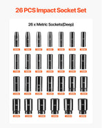 Impact Sockets Set 1/2 Inch Drive 26 PCS Metric 10mm - 36mm Deep 6-Point Set