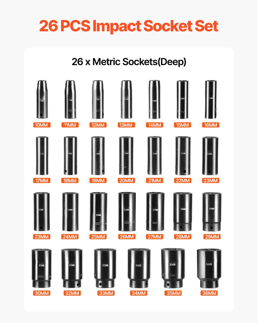 Impact Sockets Set 1/2 Inch Drive 26 PCS Metric 10mm - 36mm Deep 6-Point Set