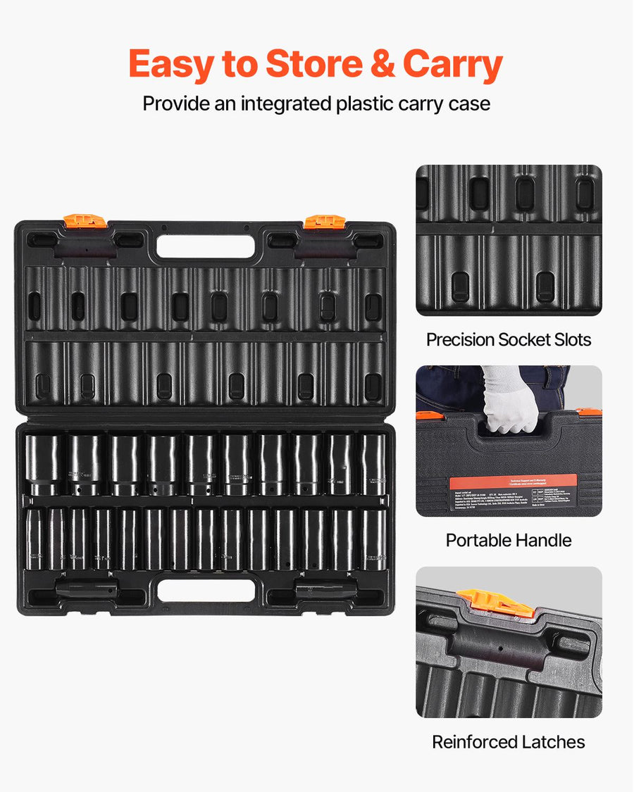 Impact Sockets Set 1/2 Inch Drive 26 PCS Metric 10mm - 36mm Deep 6-Point Set