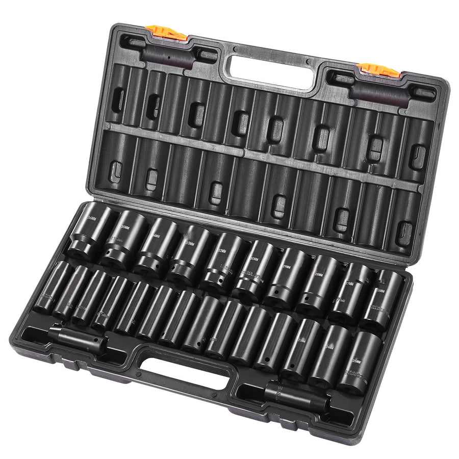 Impact Sockets Set 1/2 Inch Drive 26 PCS Metric 10mm - 36mm Deep 6-Point Set
