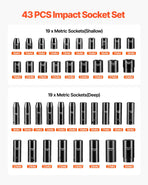VEVOR Impact Socket Set 43 Piece Impact Sockets, Standard Socket Assortment, Drive Socket Set 6-Point Sockets Metric 9-30mm (Standard/Deep)