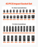 VEVOR Impact Socket Set 43 Piece Impact Sockets, Standard Socket Assortment, Drive Socket Set 6-Point Sockets Metric 9-30mm (Standard/Deep) - Side View